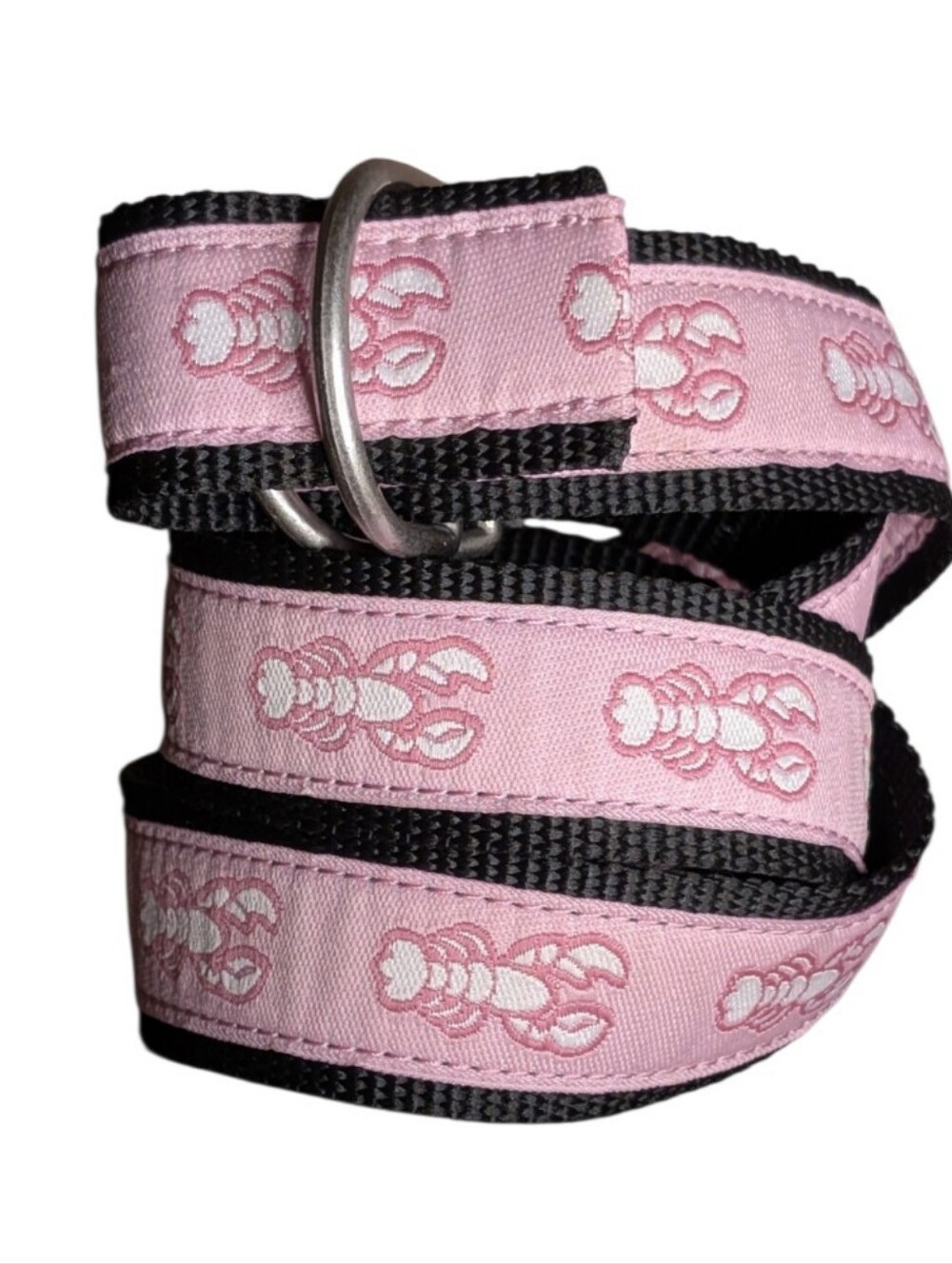 L.L. Bean Maine Isle Lobster Ribbon Belt Pink Black D-Ring Prep Classic S/M